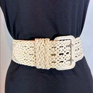Wide Woven Bonded Leather Belt | Soft White | M/L | Statement Waist Belt